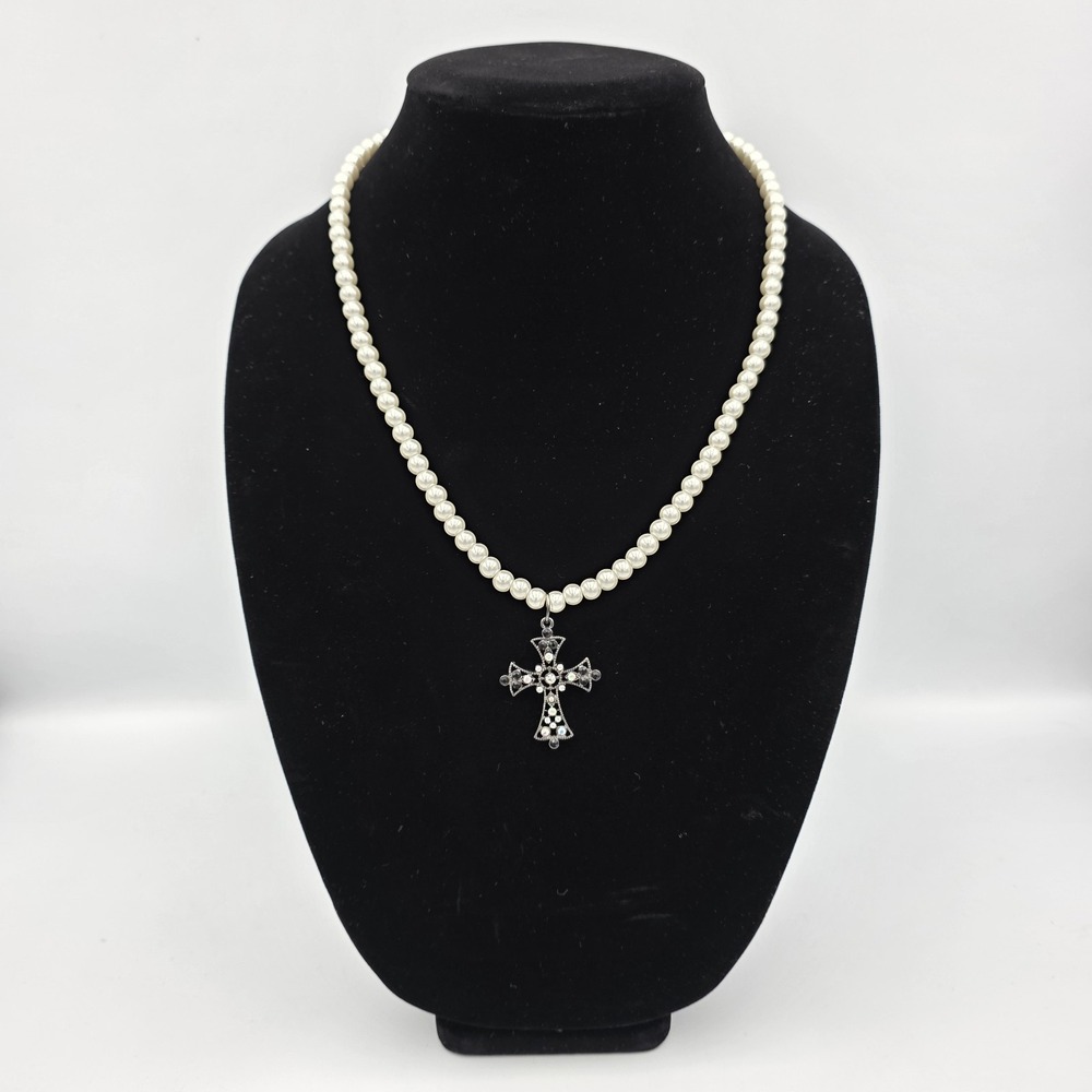 Faux Pearl Necklace & Cross Pendant with Multicolor Gemstones 11.5" Goth Style